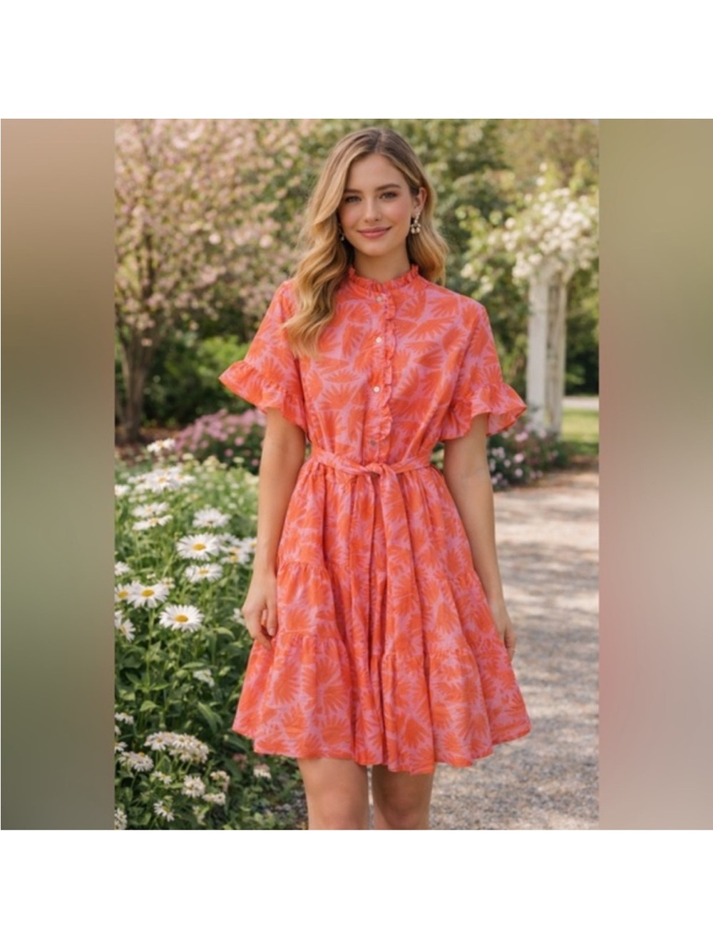 Coral Palm-Print Ruffle Sleeve Mini Dress with Tie Waist